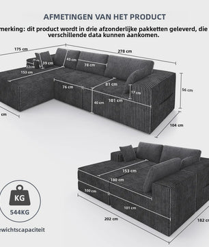 Moderne L-vormige Velvet Hoekbank 278x175cm - Geen Montage Vereist