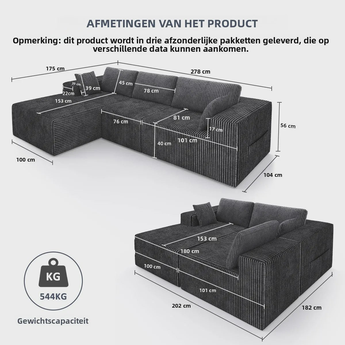 Moderne L-vormige Velvet Hoekbank 278x175cm - Geen Montage Vereist
