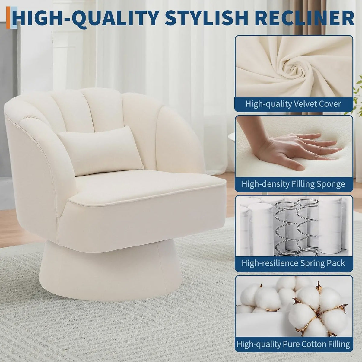 Draaibare Fluweel Lounge Fauteuil met 360° Rotatie - Comfortabele Leesstoel