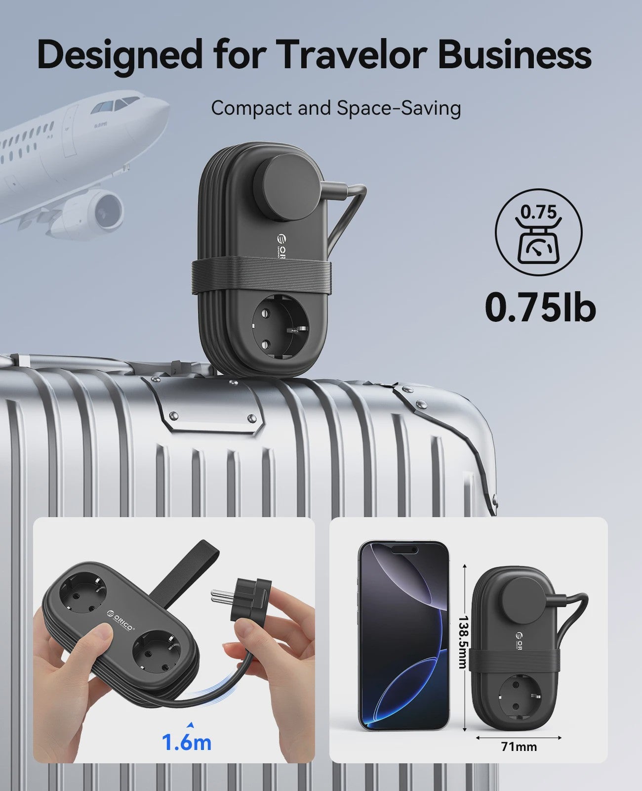 ORICO GaN 65W Power Strip: 2x AC, 2x USB-A, 1x USB-C - Snel Laden voor Thuis & Reizen