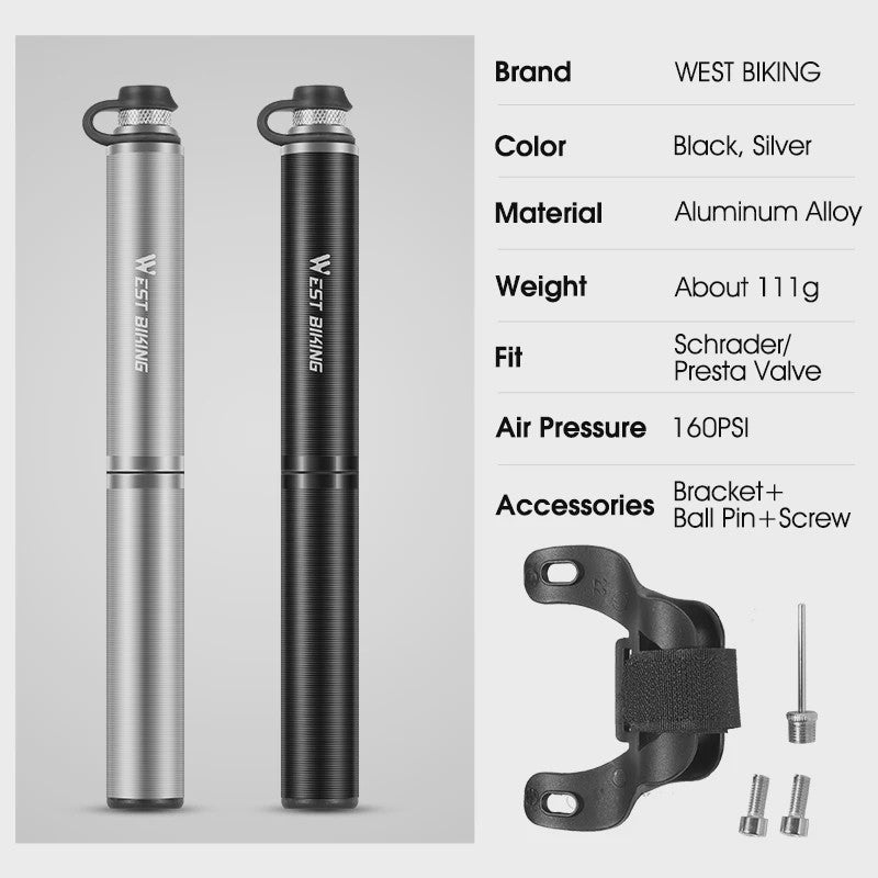 WEST BIKING Mini Fietspomp Aluminium 160PSI Draagbaar Schrader/Presta Ventiel MTB Racefiets