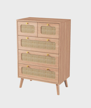 Stijlvolle Houten Ladekast met Rotan Fronten - 5 Lades