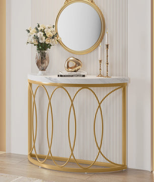 Gouden Halve Maan Console Tafel - 43 Inch Moderne Entree Tafel met Geometrisch Metaal Frame