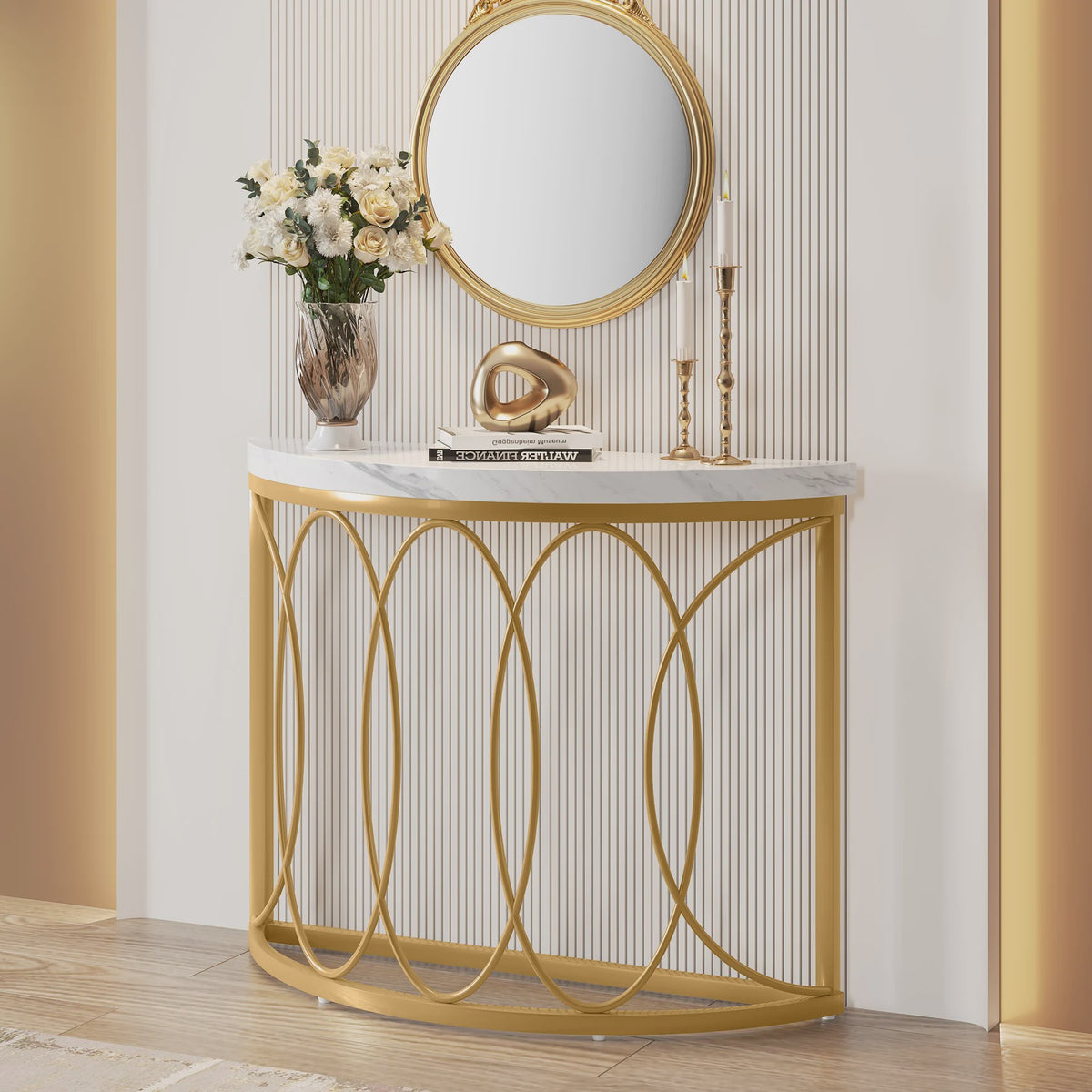 Gouden Halve Maan Console Tafel - 43 Inch Moderne Entree Tafel met Geometrisch Metaal Frame