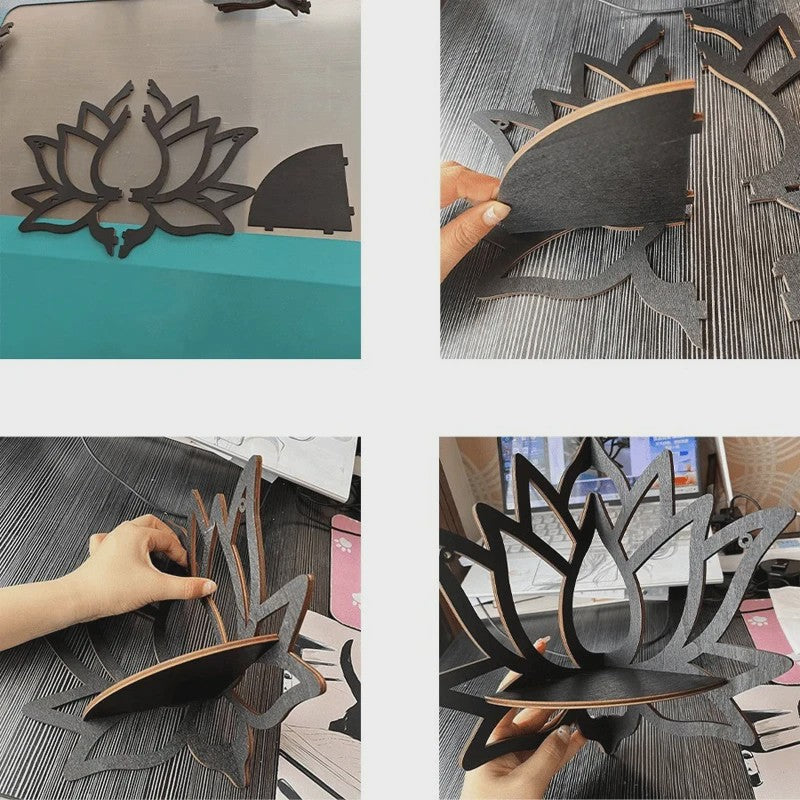 Houten Lotus Wandrek - Decoratieve Hoekplank voor Essentiële Oliën & Kaarsen