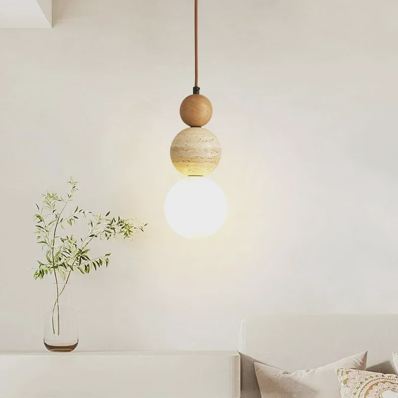 Stijlvolle Cream Hanglamp met Hout en Steen - Bauhaus Design voor Slaapkamer, Bedside, Restaurant & Bar
