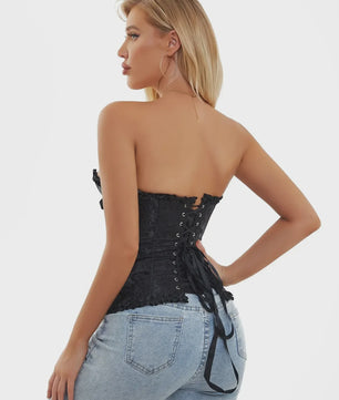 Victoriaans Jacquard Corset Top met Kant en Bloemenprint - Sexy Bustier voor Dames