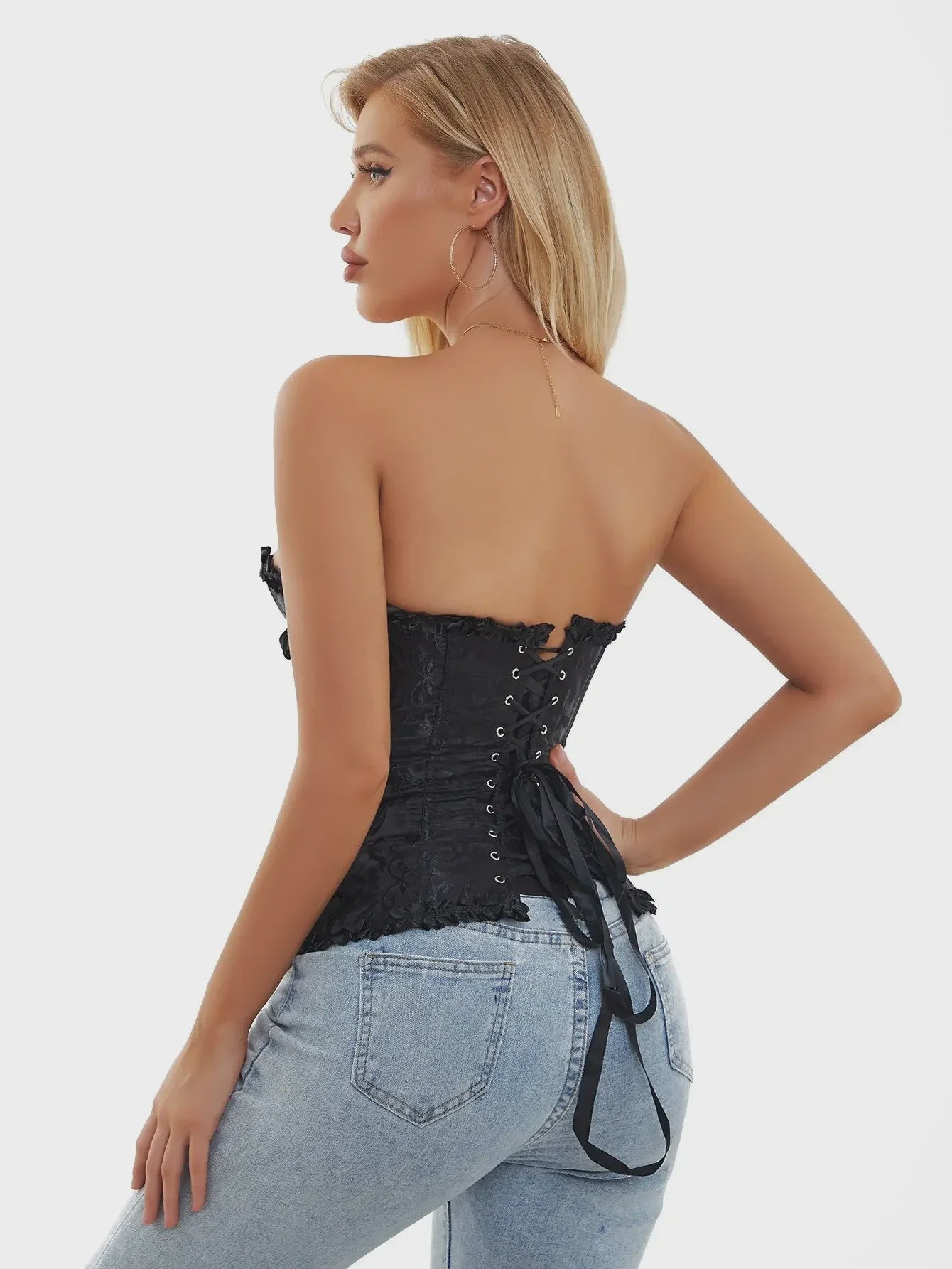 Victoriaans Jacquard Corset Top met Kant en Bloemenprint - Sexy Bustier voor Dames