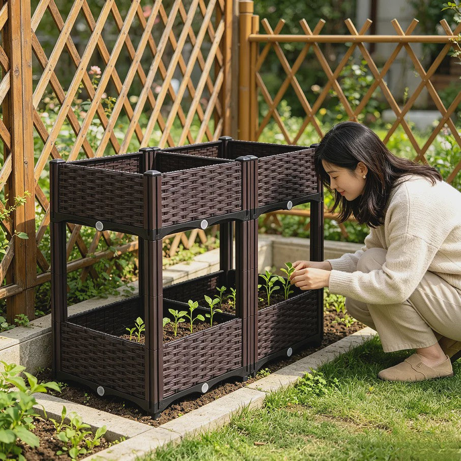 Verhoogde Plantenbak Dubbele Laag - 4 Vakken - 80x40x67cm - Buiten - Met Drainage