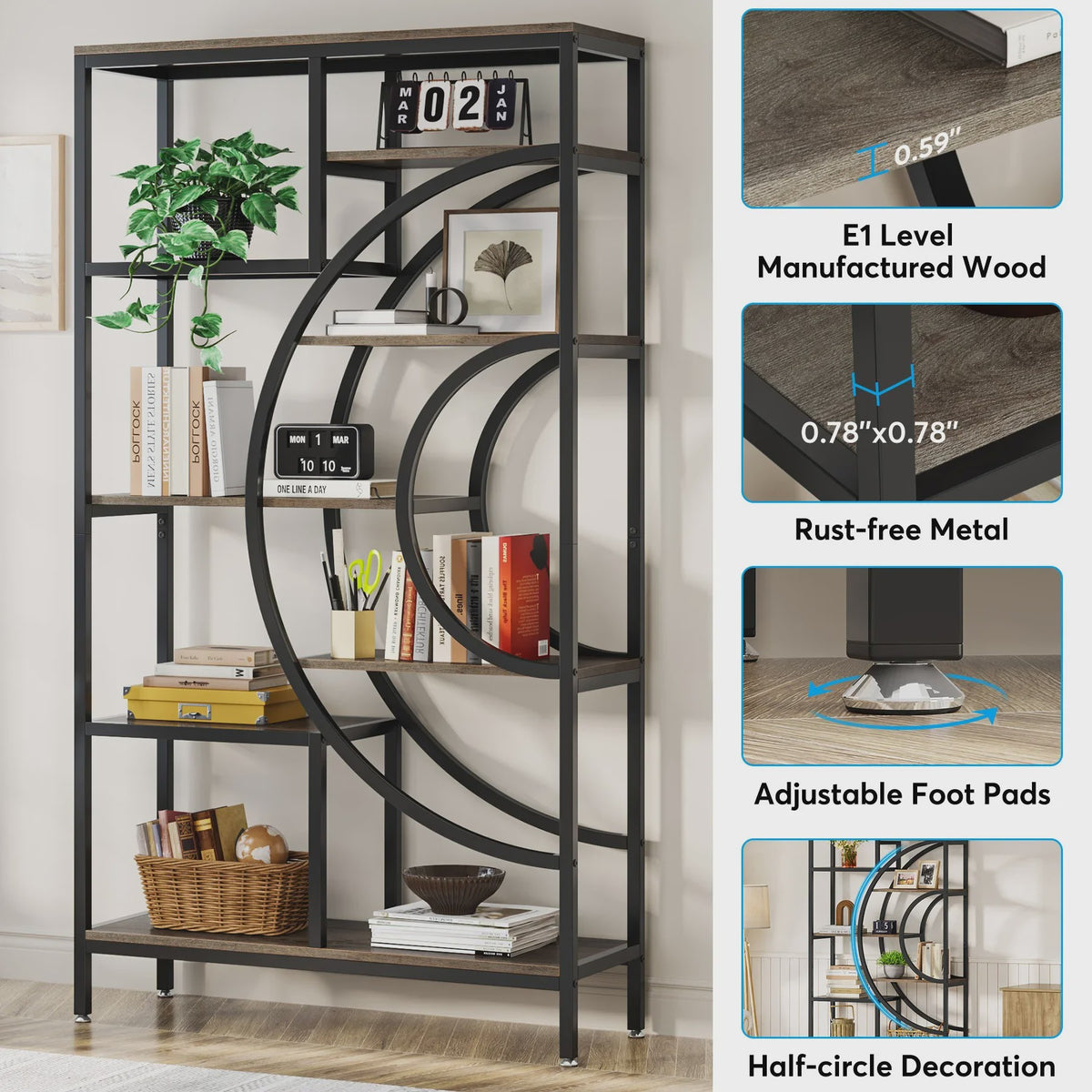 Stijlvolle 8-laags Geometrische Boekenkast met Metaal Frame - Open en Staand Ontwerp (71 inch)