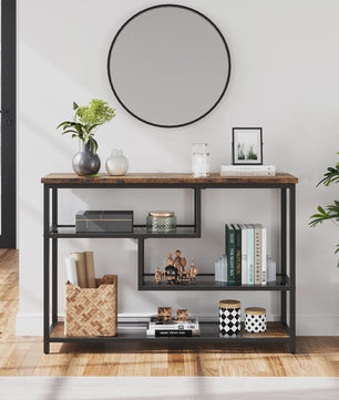 Smal Console Tafel met 4 Lagen, Glazen Plank en Metalen Frame - 100cm Breed