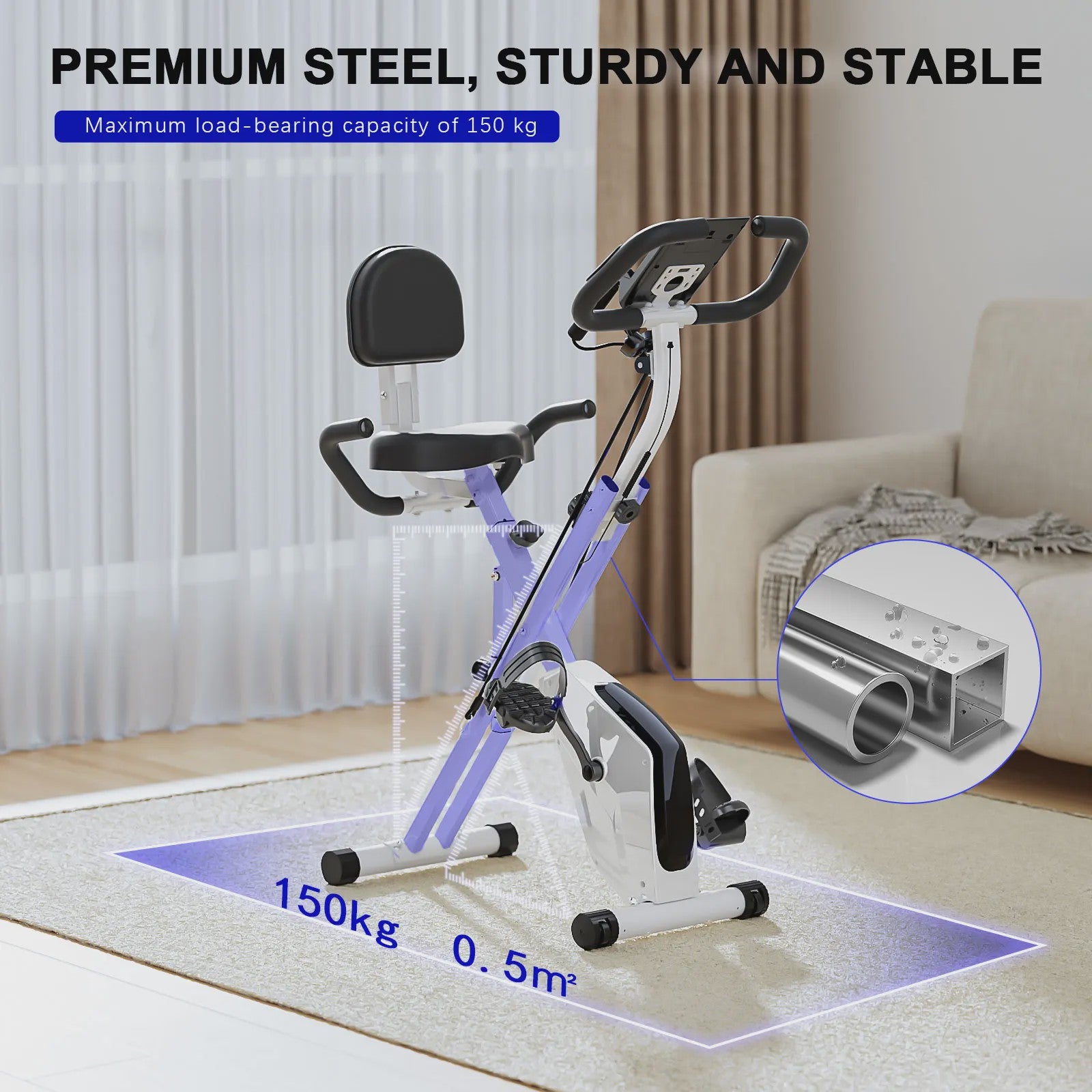 GartistGO foldable exercise bike, 8 resistance levels, with heart rate sensors, LCD stationary fitness bike for indoor cycling With extra-thick yoga and Pilates mat