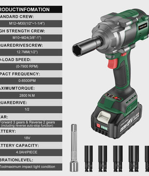 YEARTOP 2800 Nm Brushless Elektrische Slagschroevendraaier - Krachtig Gereedschap voor Makita 18V Batterijen