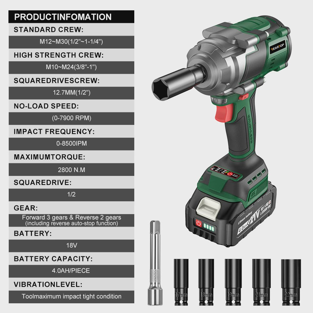 YEARTOP 2800 Nm Brushless Elektrische Slagschroevendraaier - Krachtig Gereedschap voor Makita 18V Batterijen