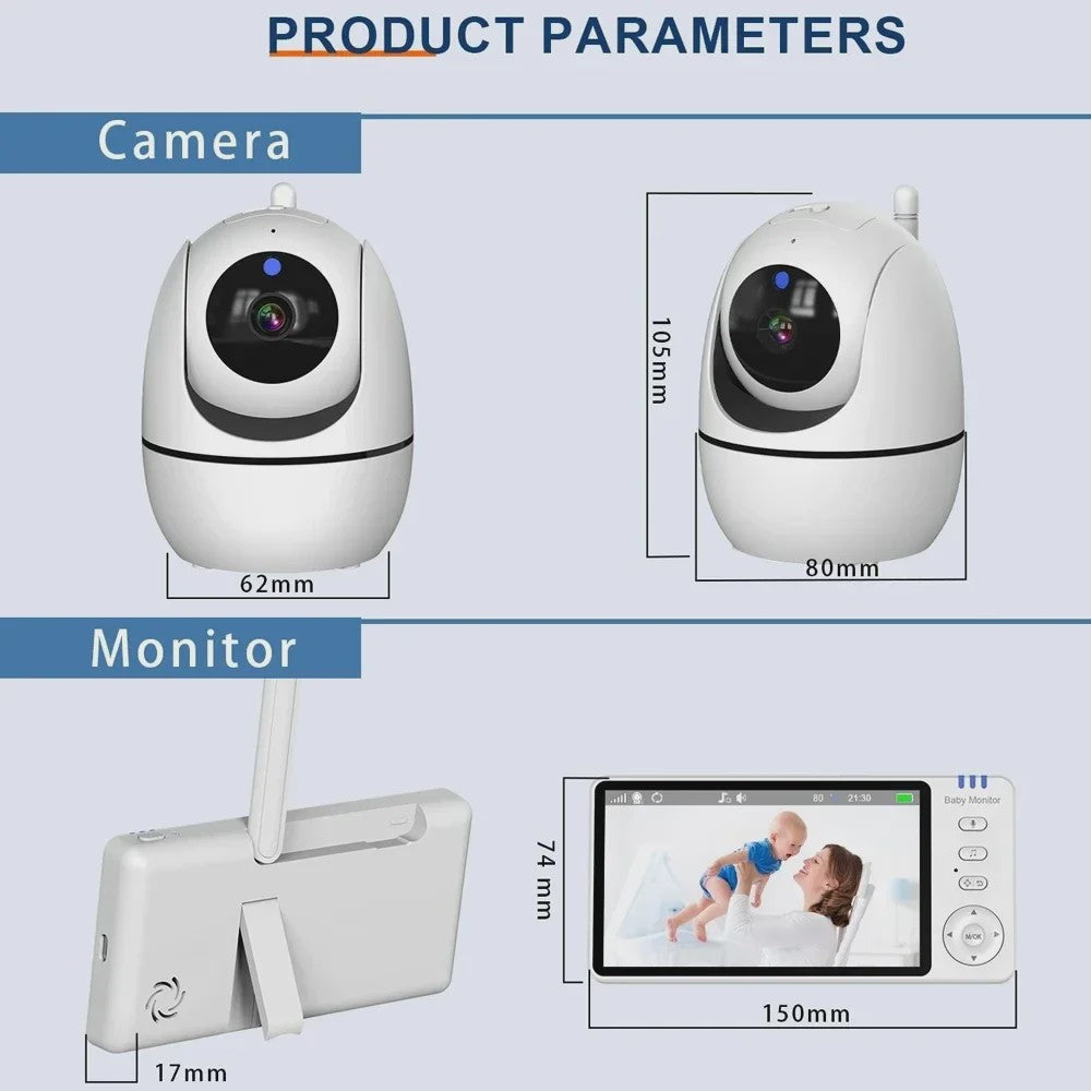 5 Inch Video Babyfoon met PTZ Camera, Nachtzicht, Temperatuursensor en Lullabies