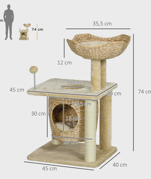 PawHut Kattenkrabpaal met Niche, Mand, Pompon en Sisal - Beige 45x40x74 cm