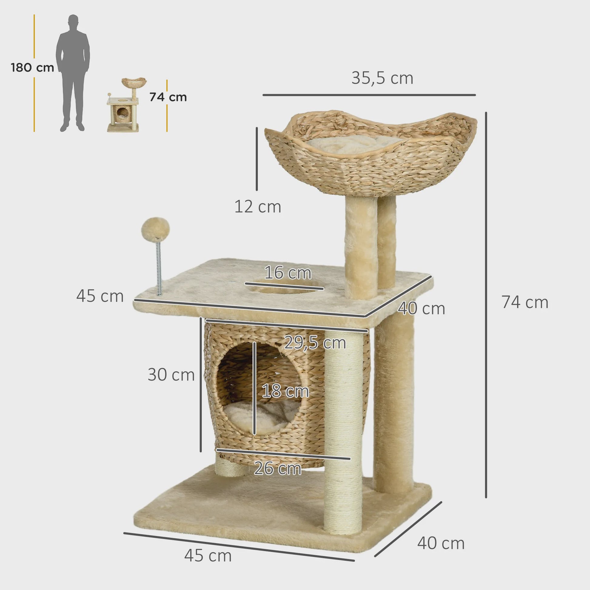 PawHut Kattenkrabpaal met Niche, Mand, Pompon en Sisal - Beige 45x40x74 cm