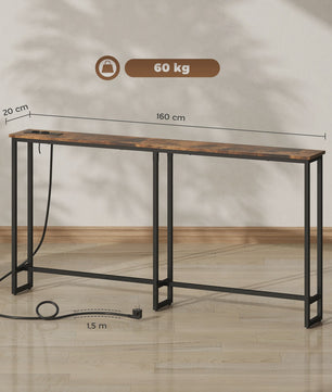 Smalle Industriële Console Tafel met Laadstation - 160x20x80 cm - Rustiek Bruin