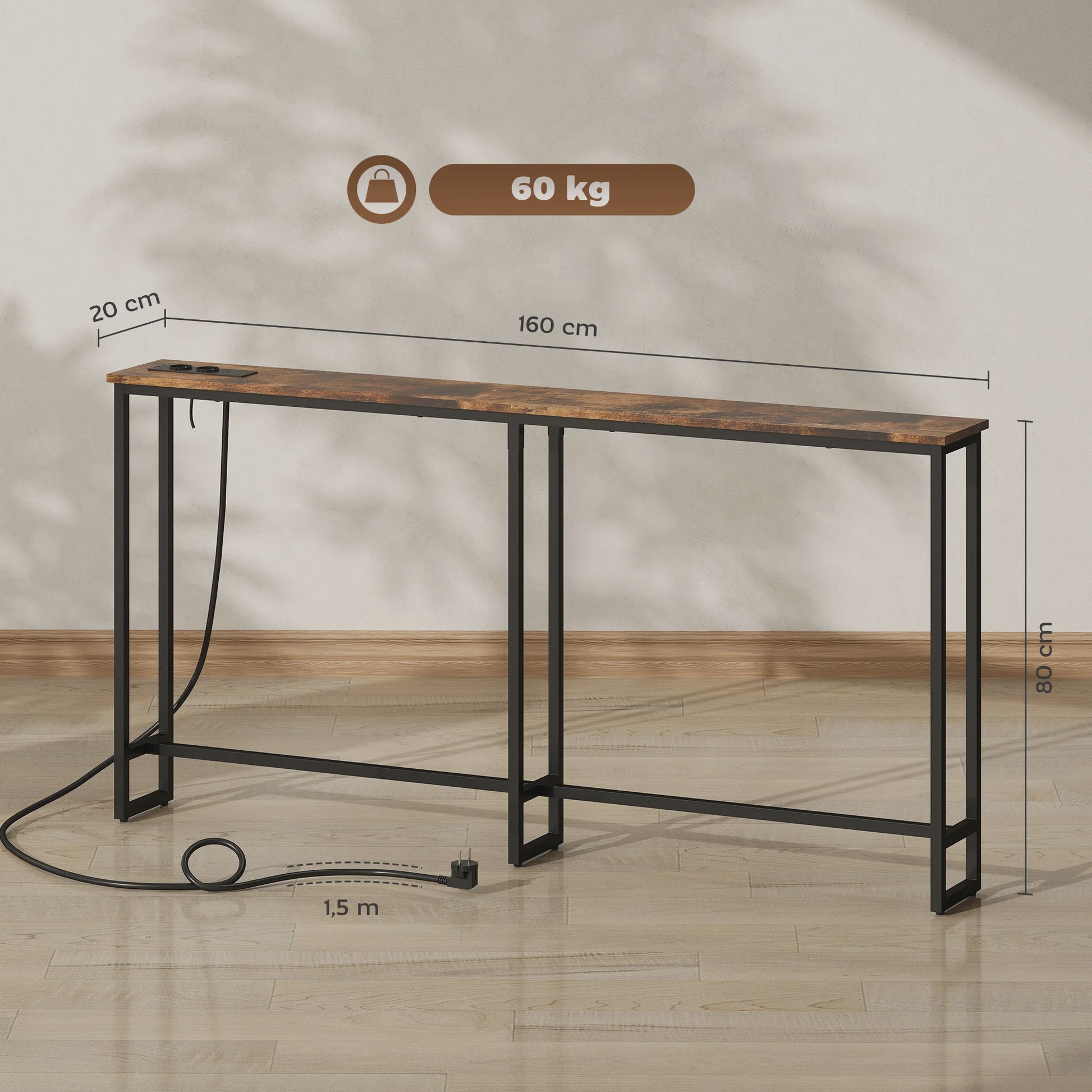 Smalle Industriële Console Tafel met Laadstation - 160x20x80 cm - Rustiek Bruin