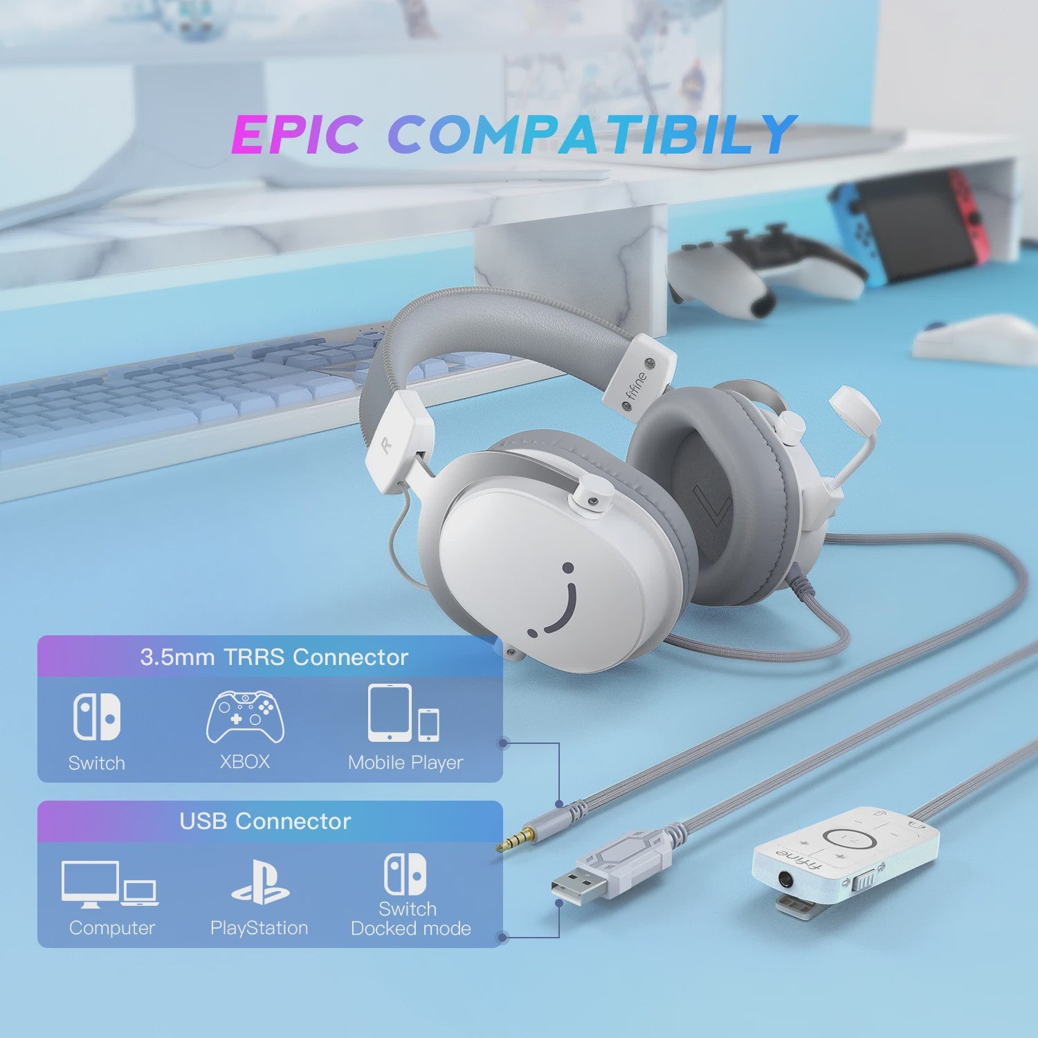 FIFINE H9W Gaming Headset met 7.1 Surround Sound, USB & 3.5mm Jack, Microfoon - Wit