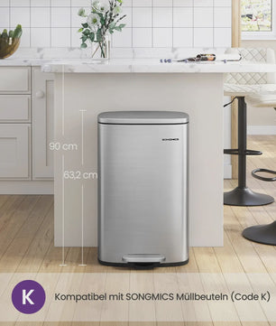 50L Keukenprullenbak met Voetpedaal, Soft Close & Uitneembare Binnenemmer