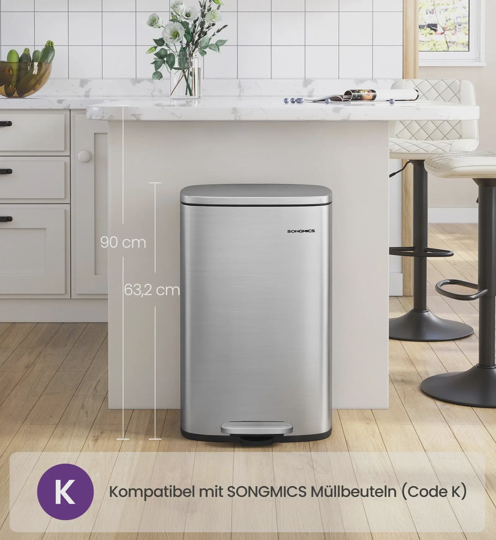 50L Keukenprullenbak met Voetpedaal, Soft Close & Uitneembare Binnenemmer