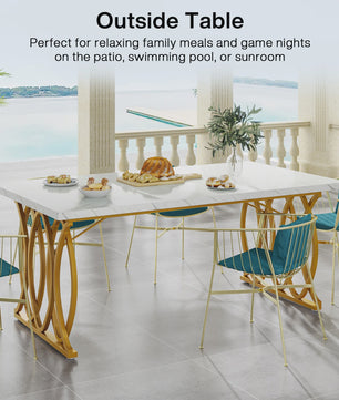 Moderne Eettafel Marmerlook 160cm Rechthoekig voor 4-6 Personen met Gouden Onderstel