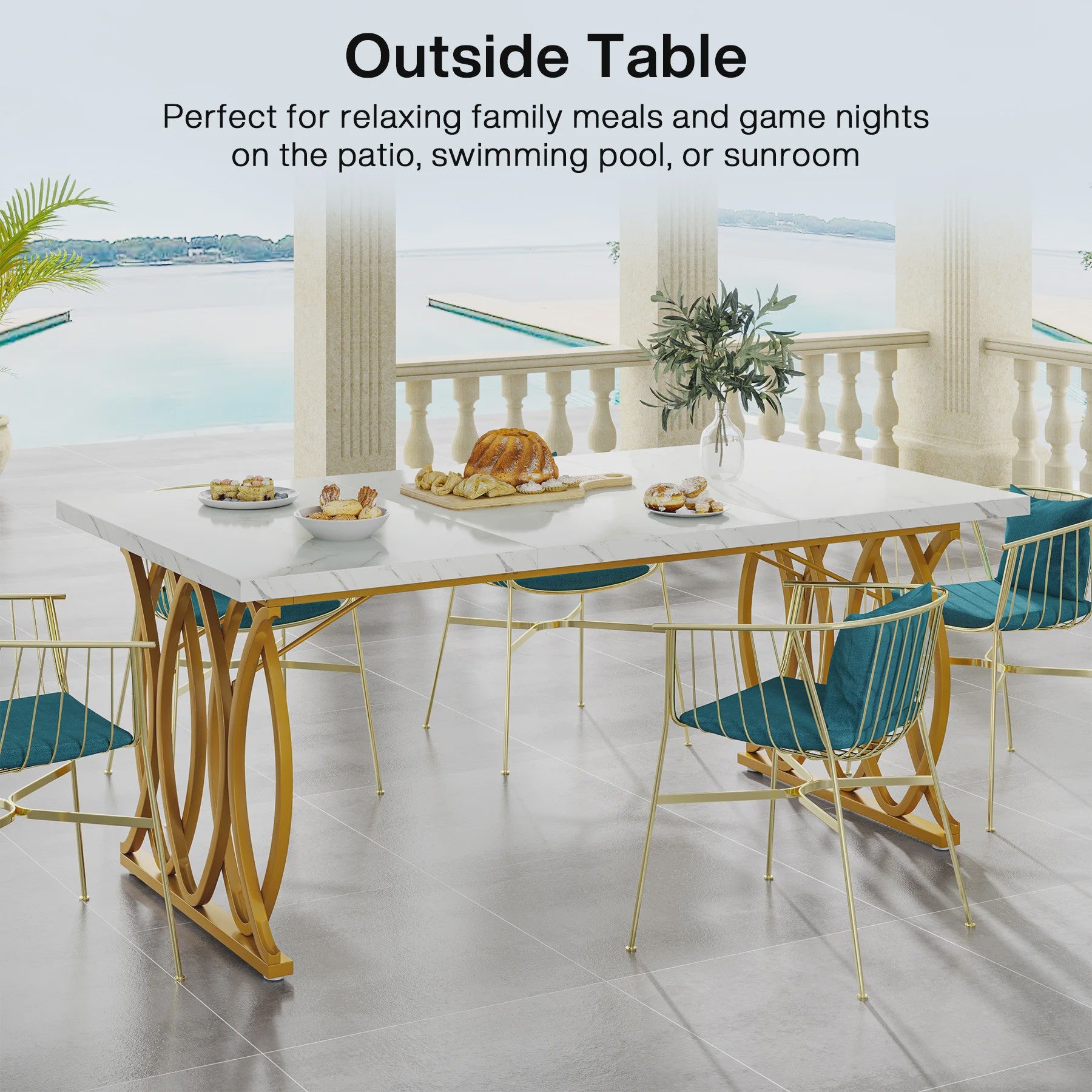 Moderne Eettafel Marmerlook 160cm Rechthoekig voor 4-6 Personen met Gouden Onderstel