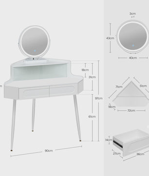 Witte Hoekkaptafel met Verstelbare Spiegelverlichting en Opbergruimte