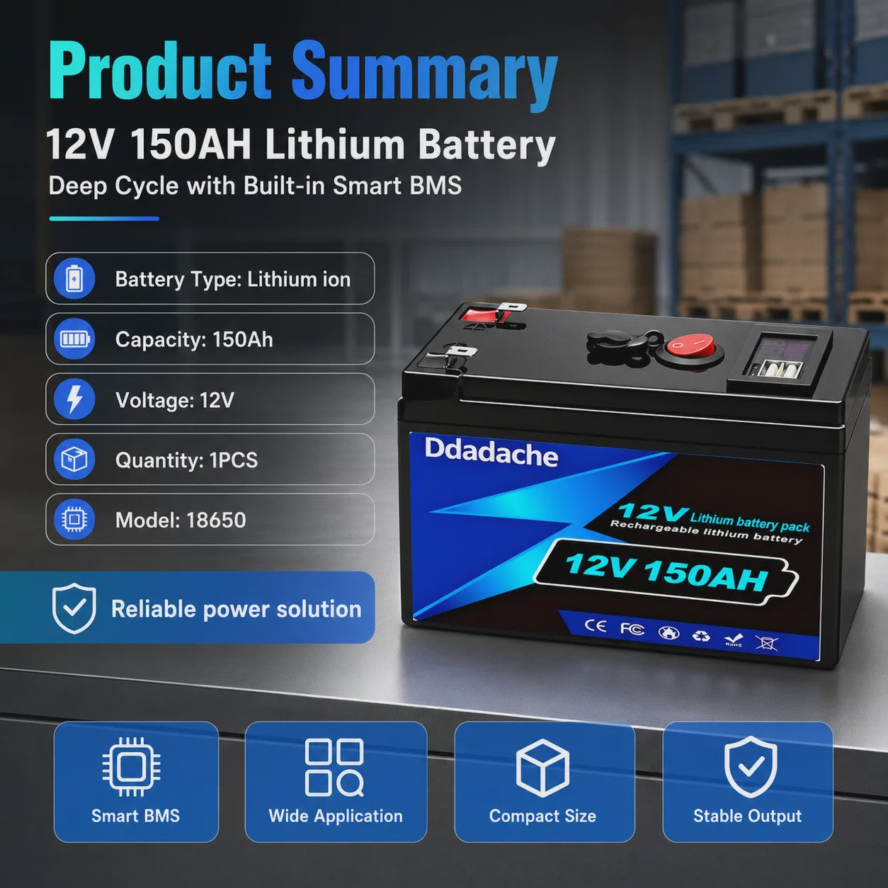 12V 150Ah LiFePO4 Accu - 1920Wh Deep Cycle Lithium Batterij met BMS