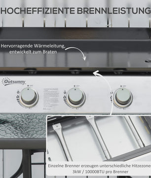 Gas Grill Plancha met 3 Branders - RVS - Non-stick - Zilver - 63x48x21 cm