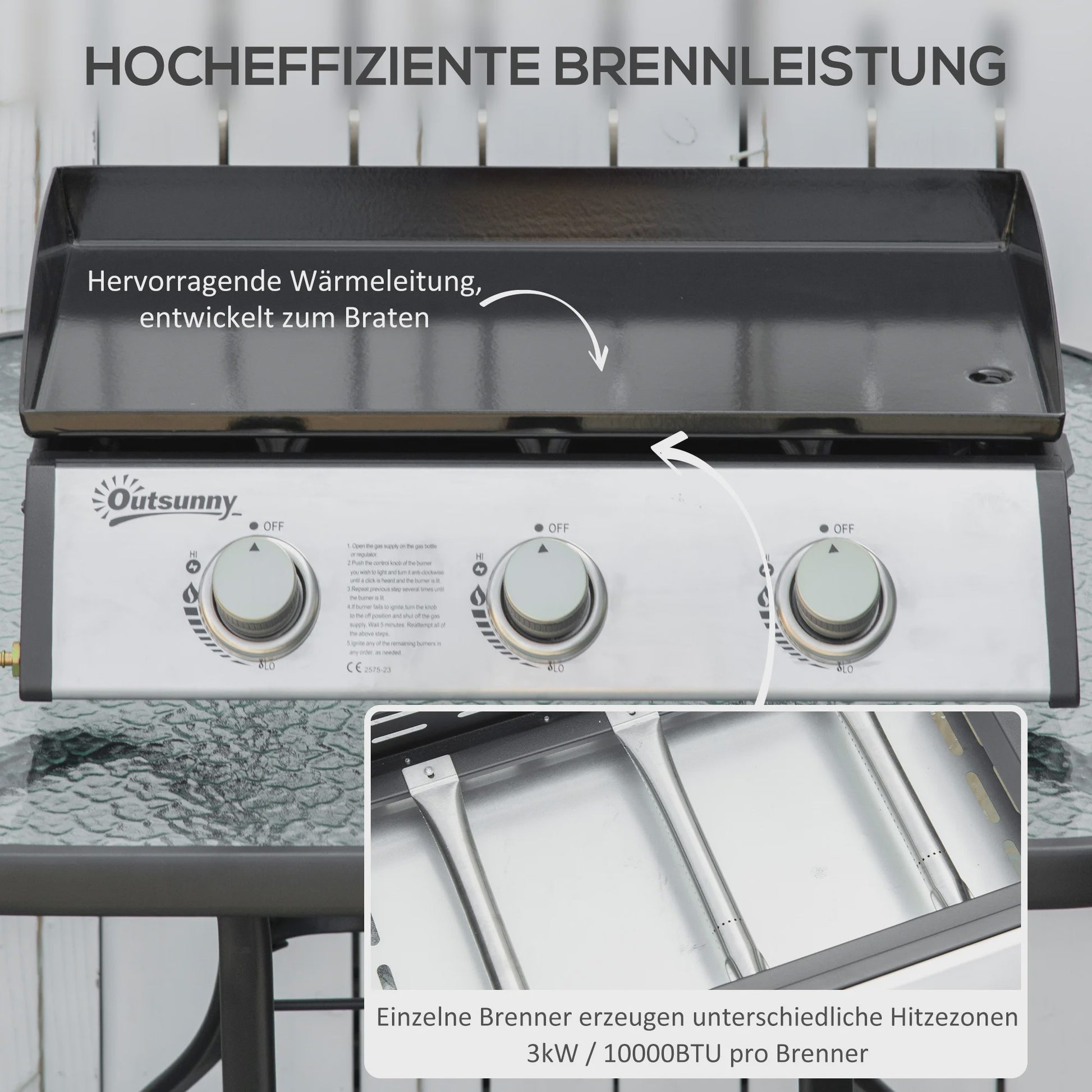 Gas Grill Plancha met 3 Branders - RVS - Non-stick - Zilver - 63x48x21 cm