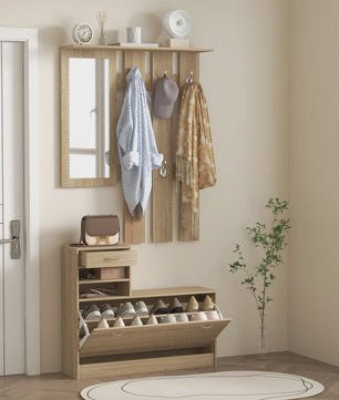 HOMCOM 3-in-1 Entree Meubelset: Kapstok, Spiegel & Schoenbank met 6 Haken en Verstelbare Plank - Natuurlijk Houtdecor
