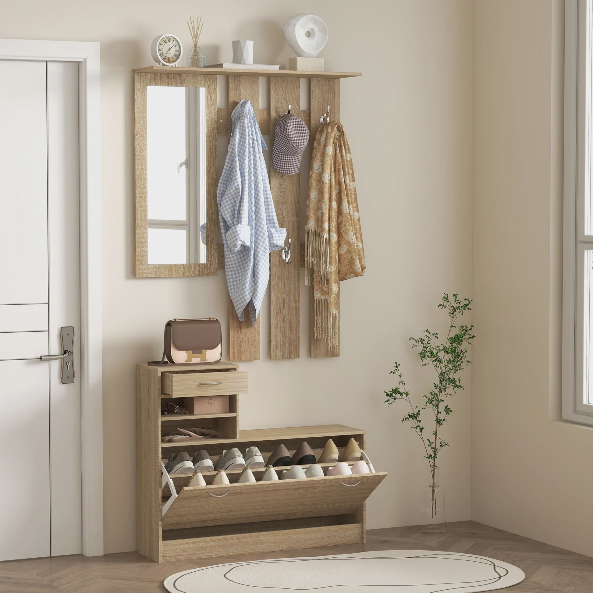 HOMCOM 3-in-1 Entree Meubelset: Kapstok, Spiegel & Schoenbank met 6 Haken en Verstelbare Plank - Natuurlijk Houtdecor