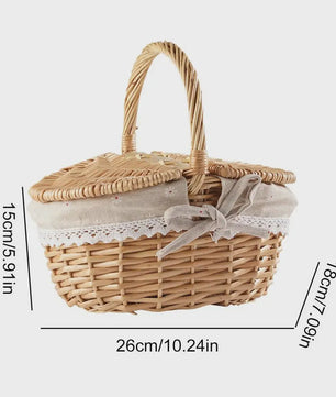 Handgemaakte Riet Picknickmand met Deksel en Handvat - Willow Woven Opbergmand