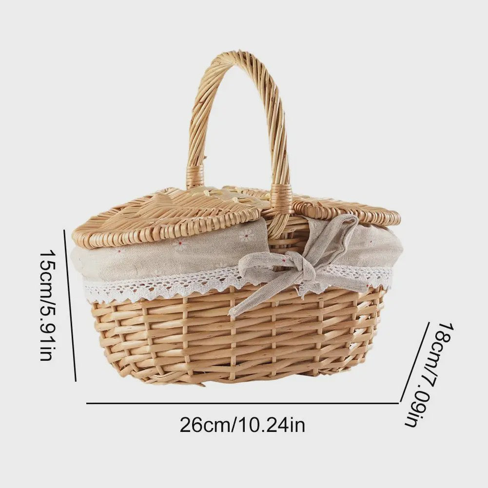 Handgemaakte Riet Picknickmand met Deksel en Handvat - Willow Woven Opbergmand