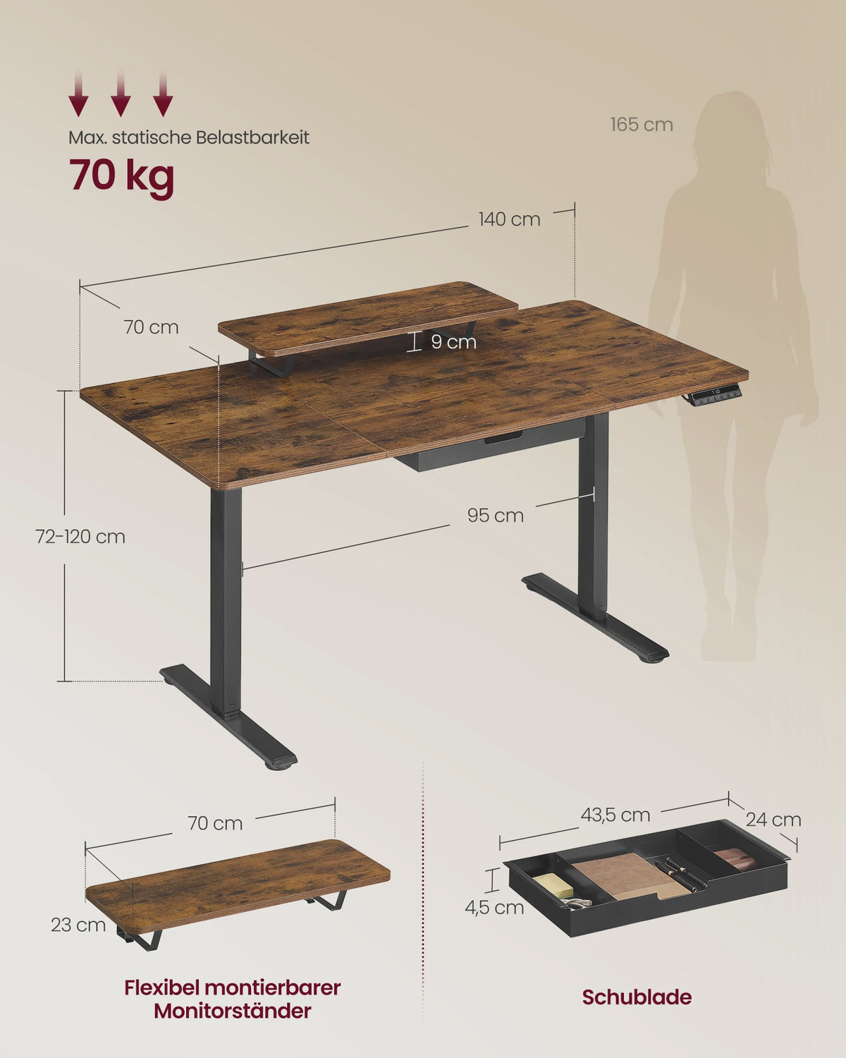 VASAGLE Elektrisch In hoogte Verstelbaar Bureau met Monitorverhoger en Lade - Ergonomisch Werken