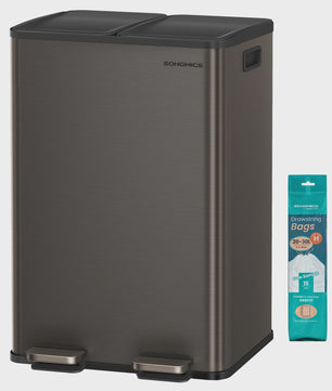 SONGMICS Dubbele Keukenprullenbak 2x30L met Softclose Deksel en Voetpedaal - RVS