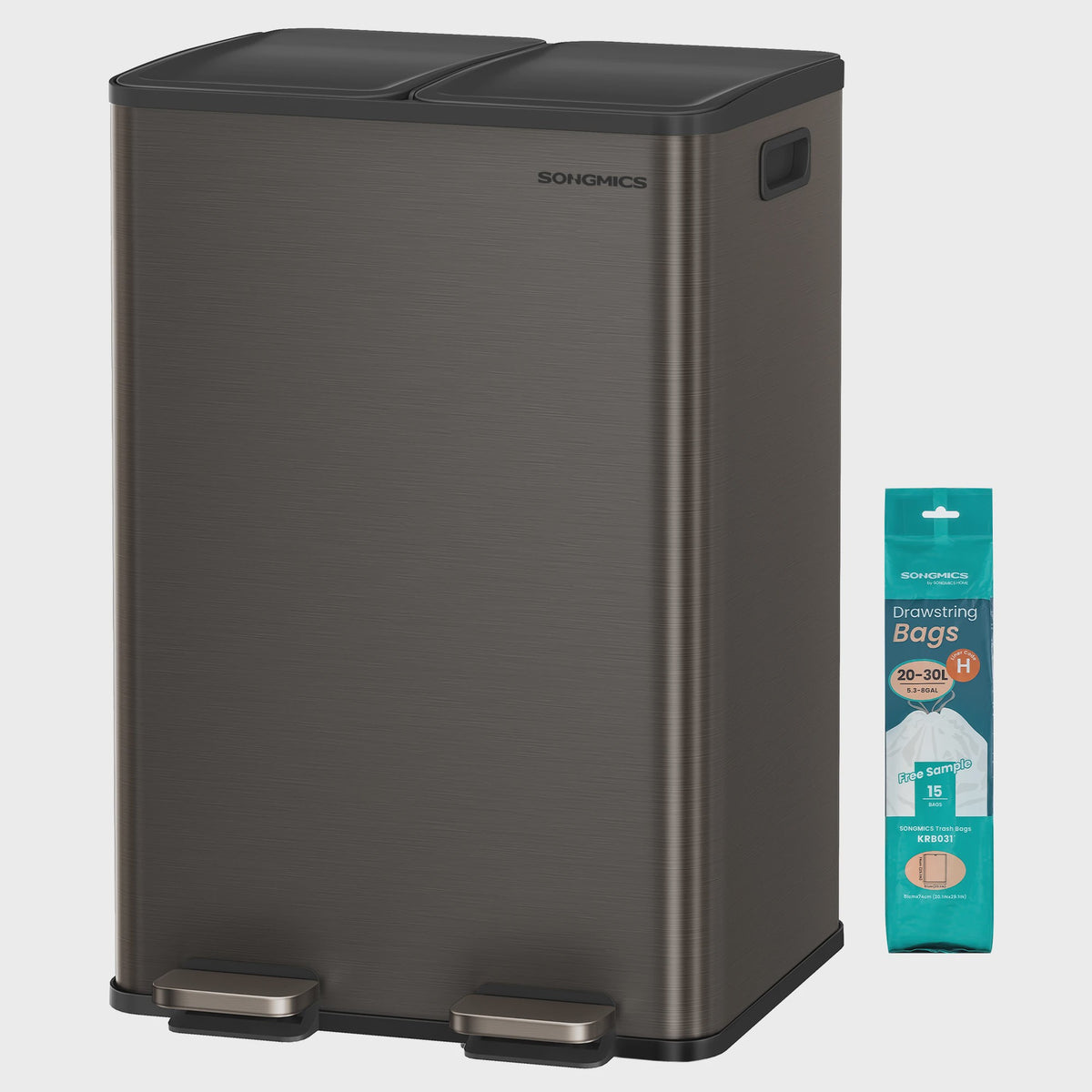 SONGMICS Dubbele Keukenprullenbak 2x30L met Softclose Deksel en Voetpedaal - RVS