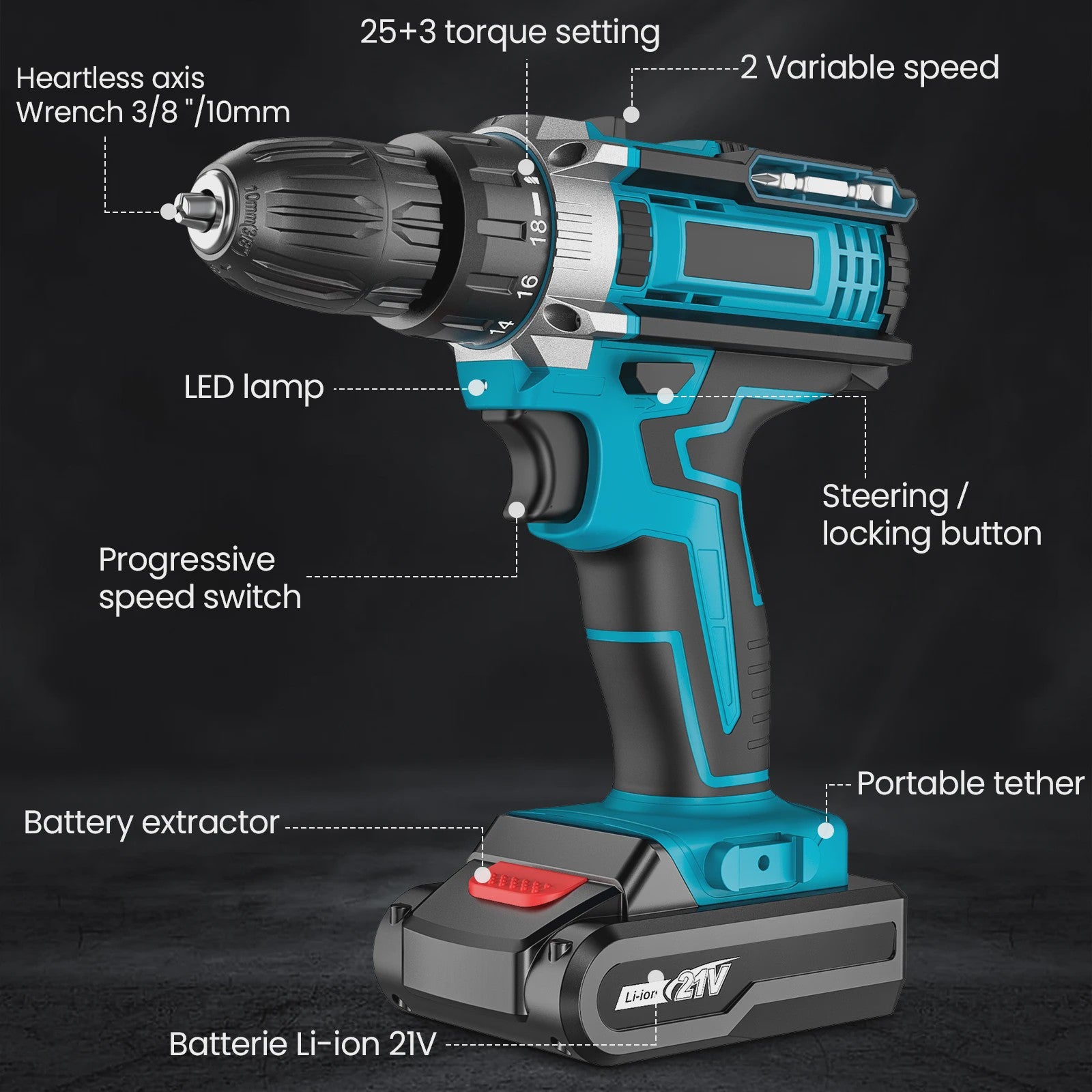 Accu Klopboormachine & Schroefmachine: 32 Draaimomenten, 2 Snelheden, 2 Batterijen