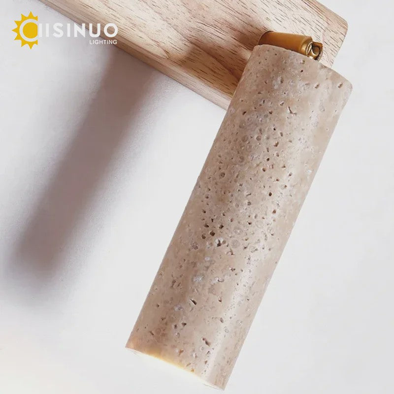 Wabi-Sabi Wandlamp Natuurlijk Geel Travertin Steen met Houten Basis & Draaibare Kap