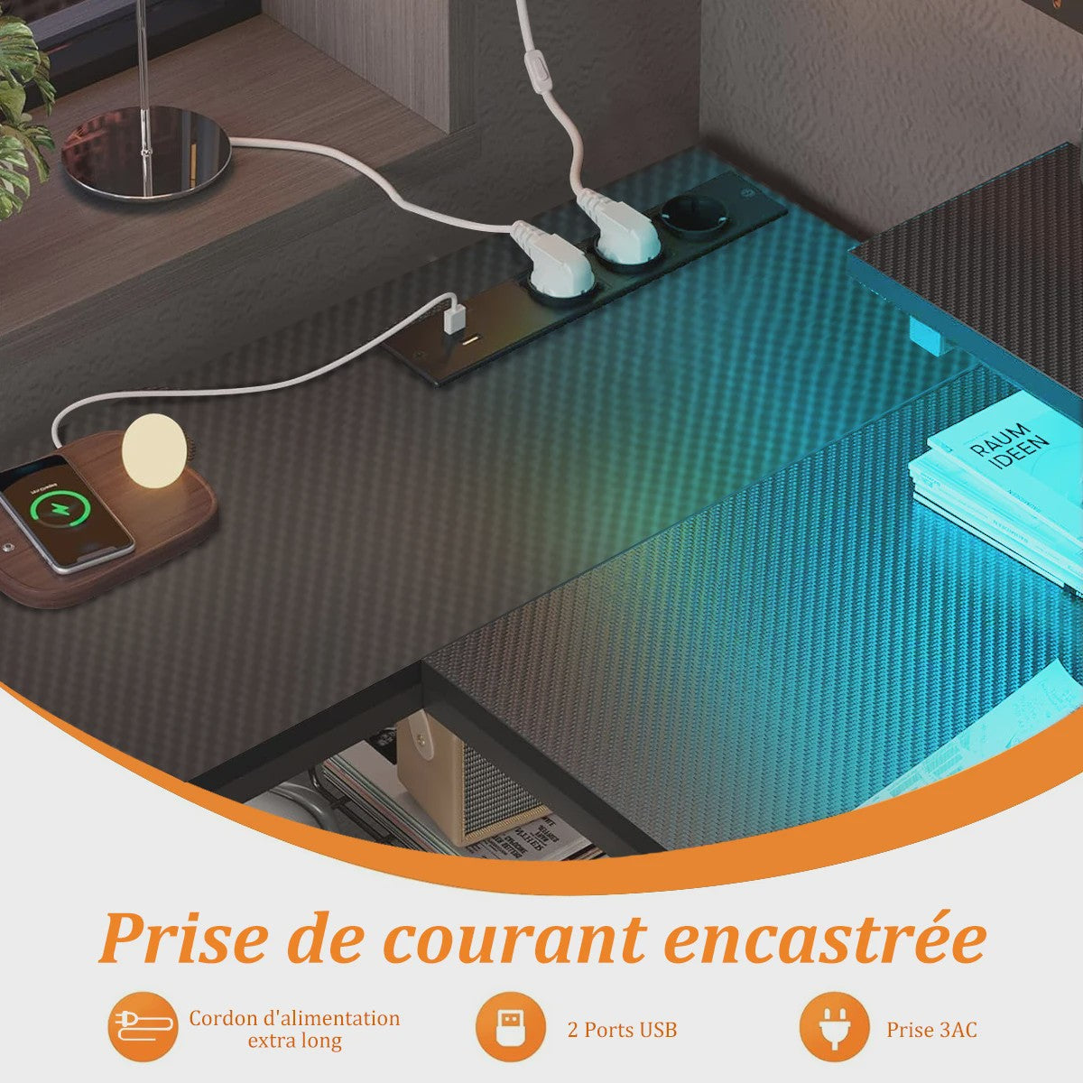 L-vormig Bureau met LED Verlichting, 2 Stopcontacten, USB/Type-C Poorten & Ladeblok - Ideaal voor Gaming & Werk