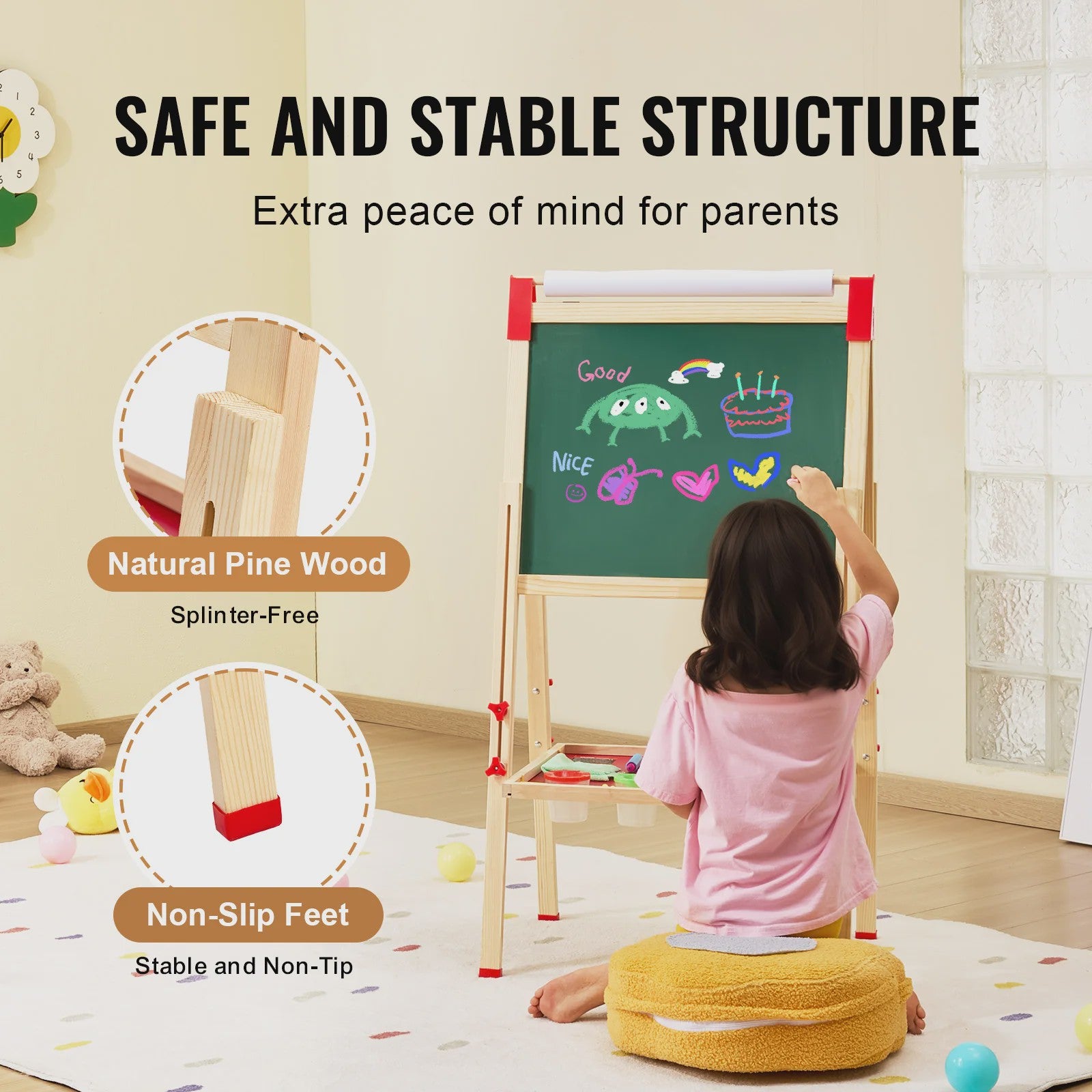Dubbelzijdig Houten Teken-easel voor Kinderen met Whiteboard & Krijtbord - Inclusief 37 Accessoires