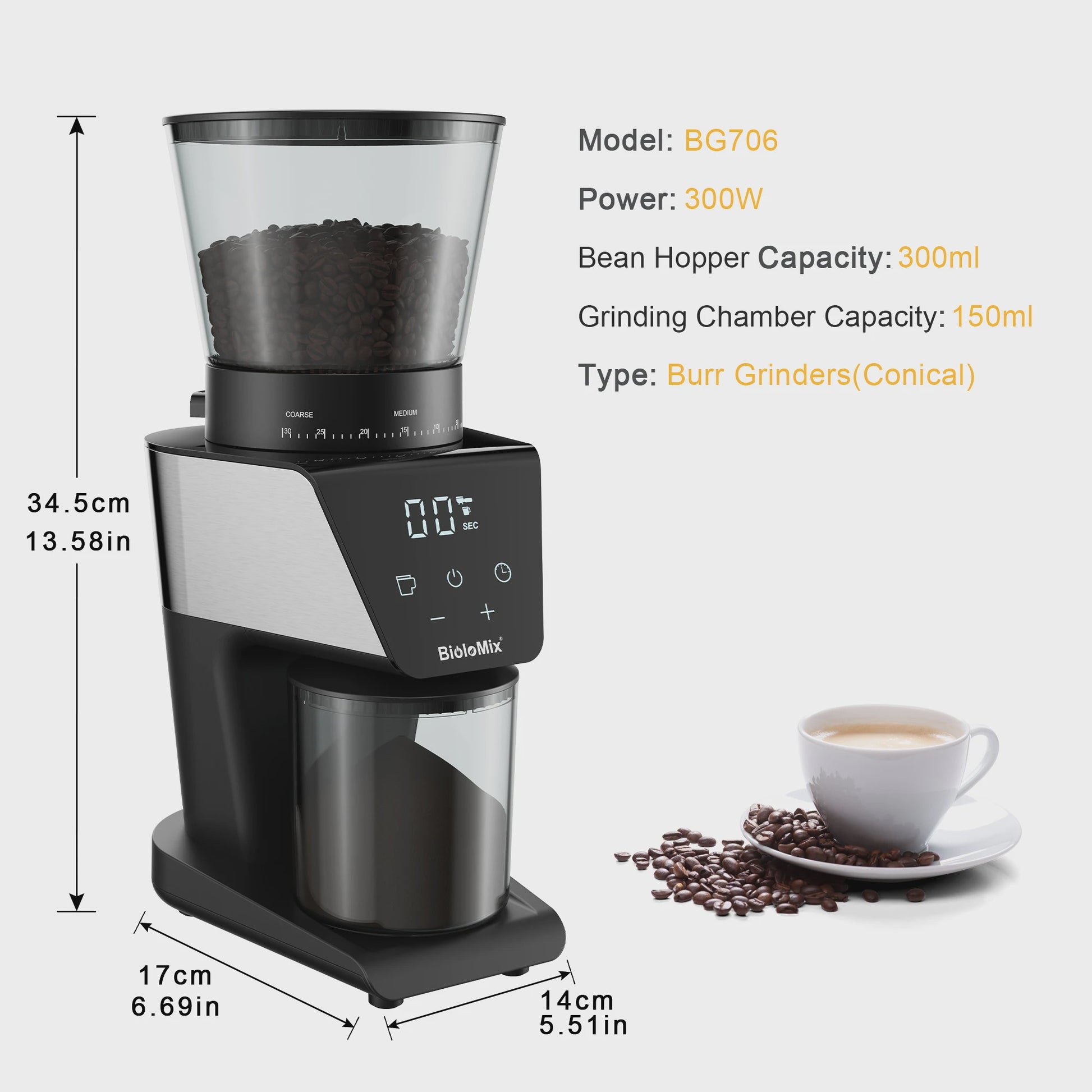 BioloMix Elektrische Koffiemolen CG210 - 30 Precisie Maalstanden voor Espresso, Americano & Pour Over