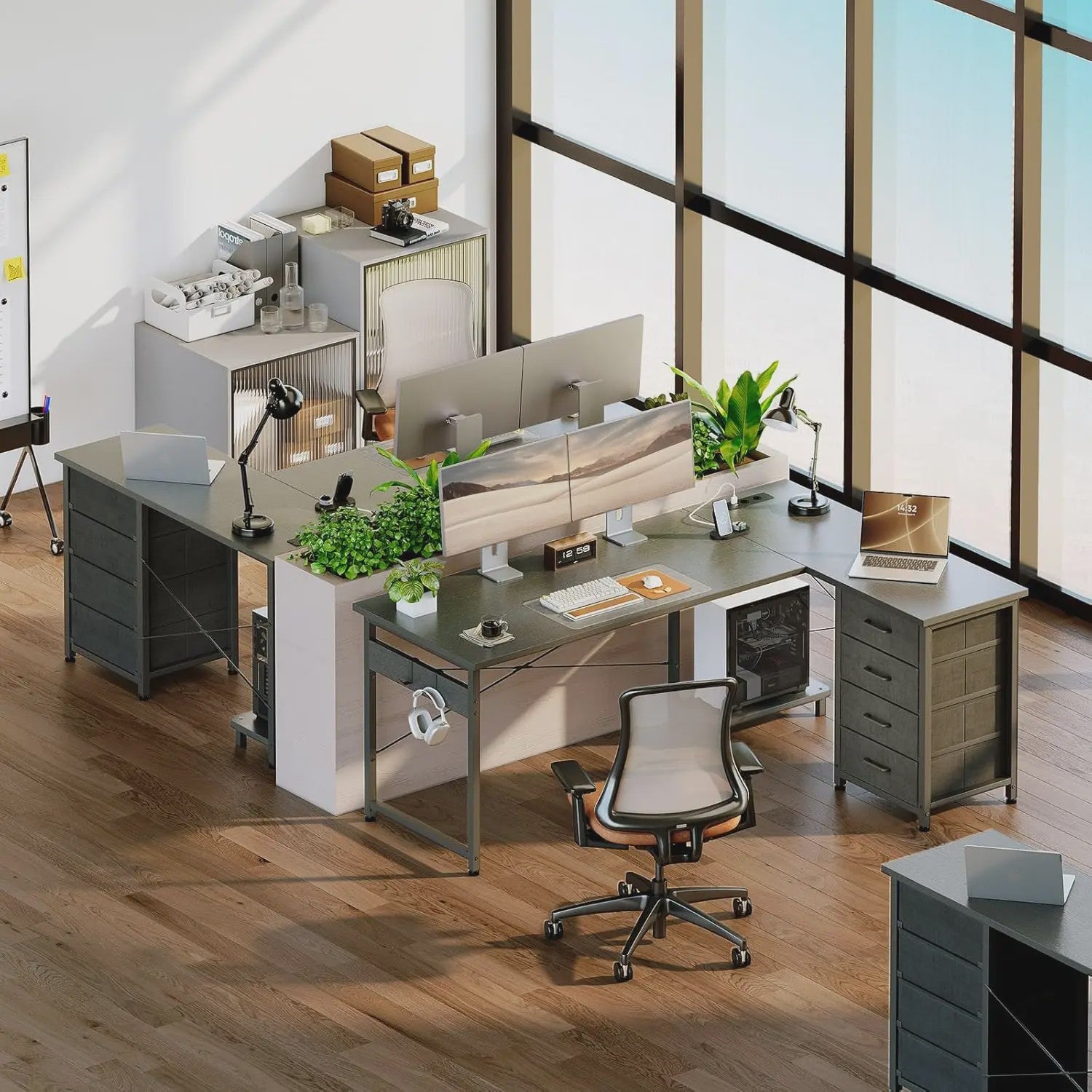 Wit L-vormig Hoekbureau met 4 Lades, Geïntegreerde Socket & USB Oplaadpoort - 155x110 cm