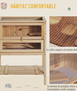 Pawhut Wooden Hamster Cage with Ramp, Folding Roof, Plexiglass Window and Lower Shelf 60X40X80 cm Natural