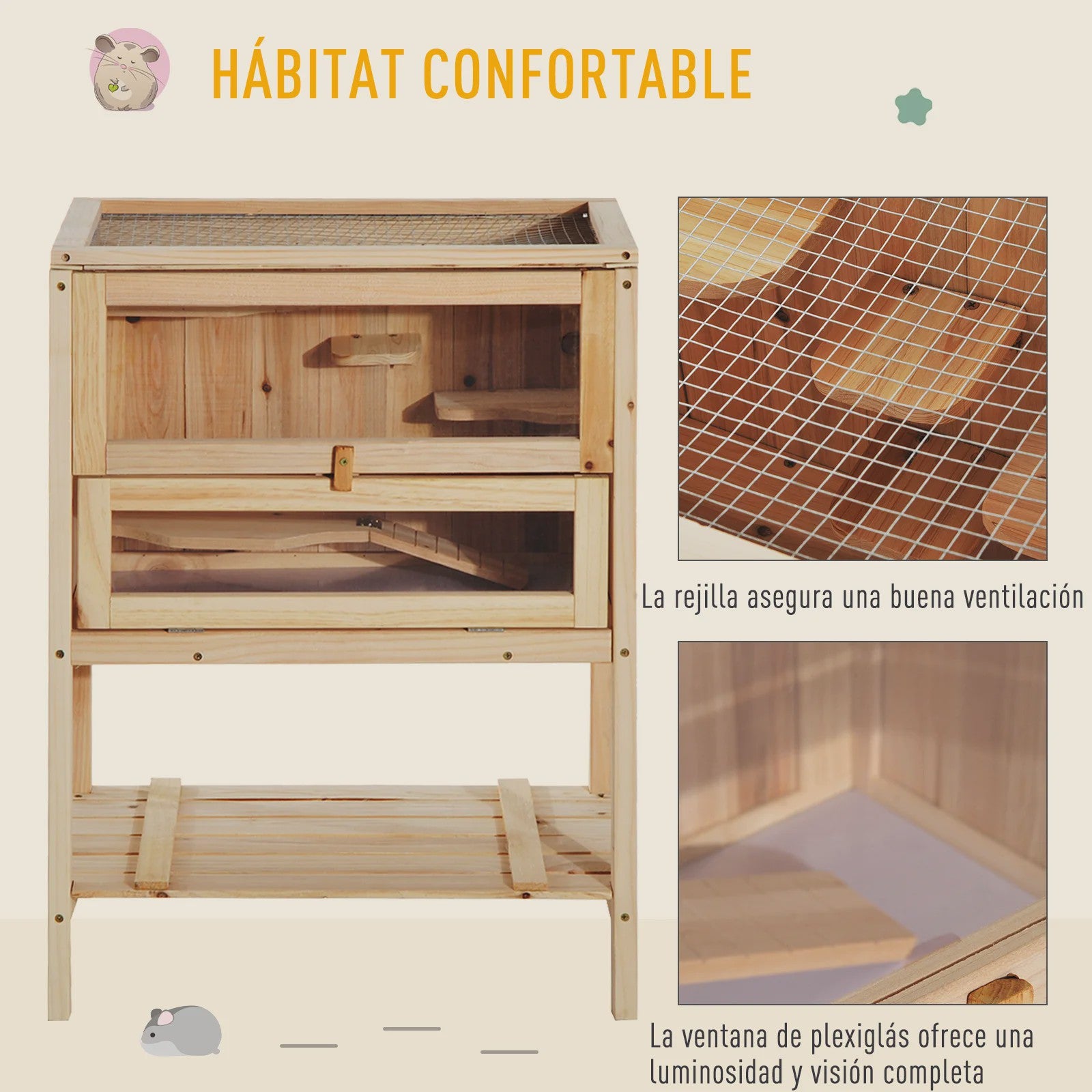 Pawhut Wooden Hamster Cage with Ramp, Folding Roof, Plexiglass Window and Lower Shelf 60X40X80 cm Natural