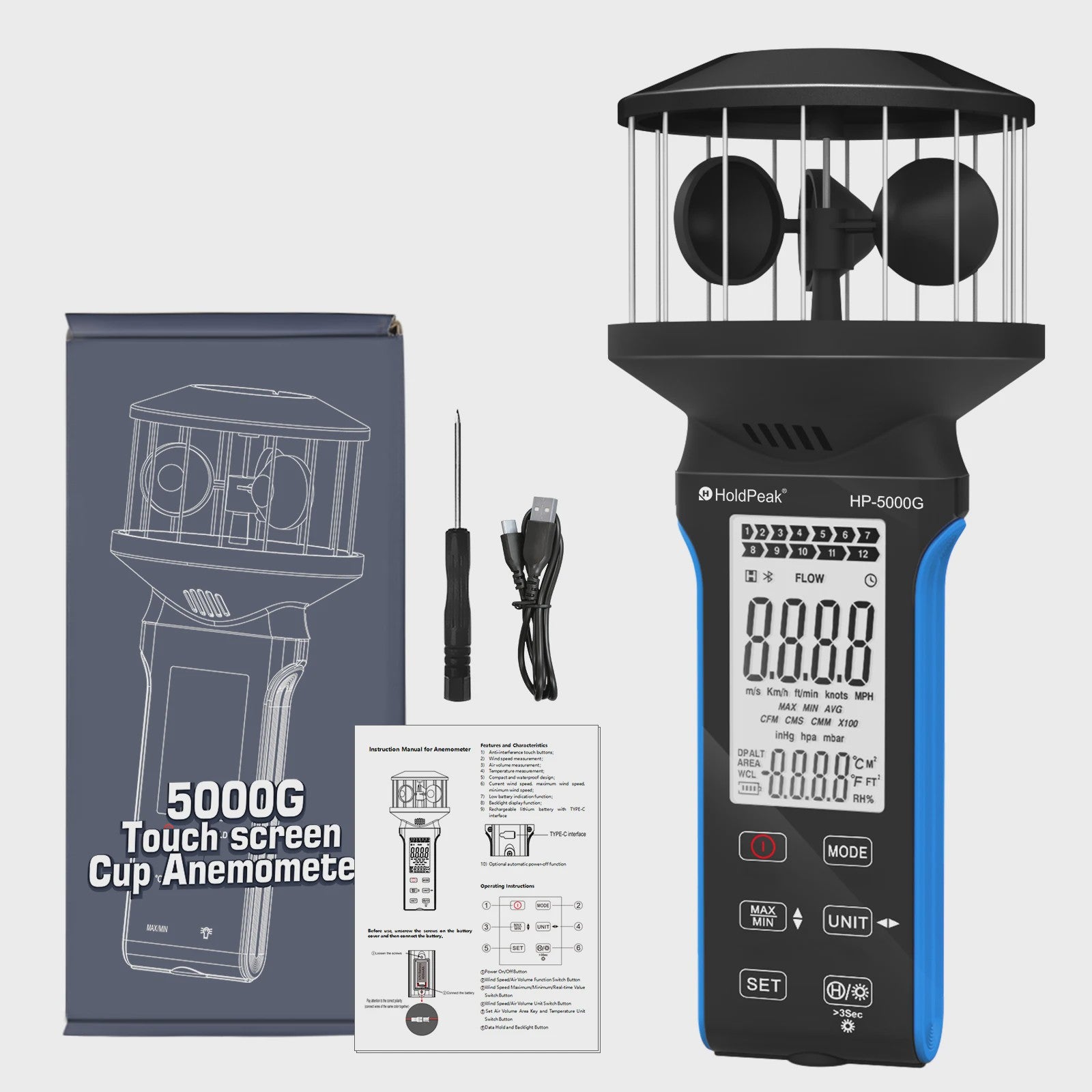 HP-5000G Digitale Anemometer: Compact, Waterdicht, Oplaadbaar met Touchscreen & Backlight