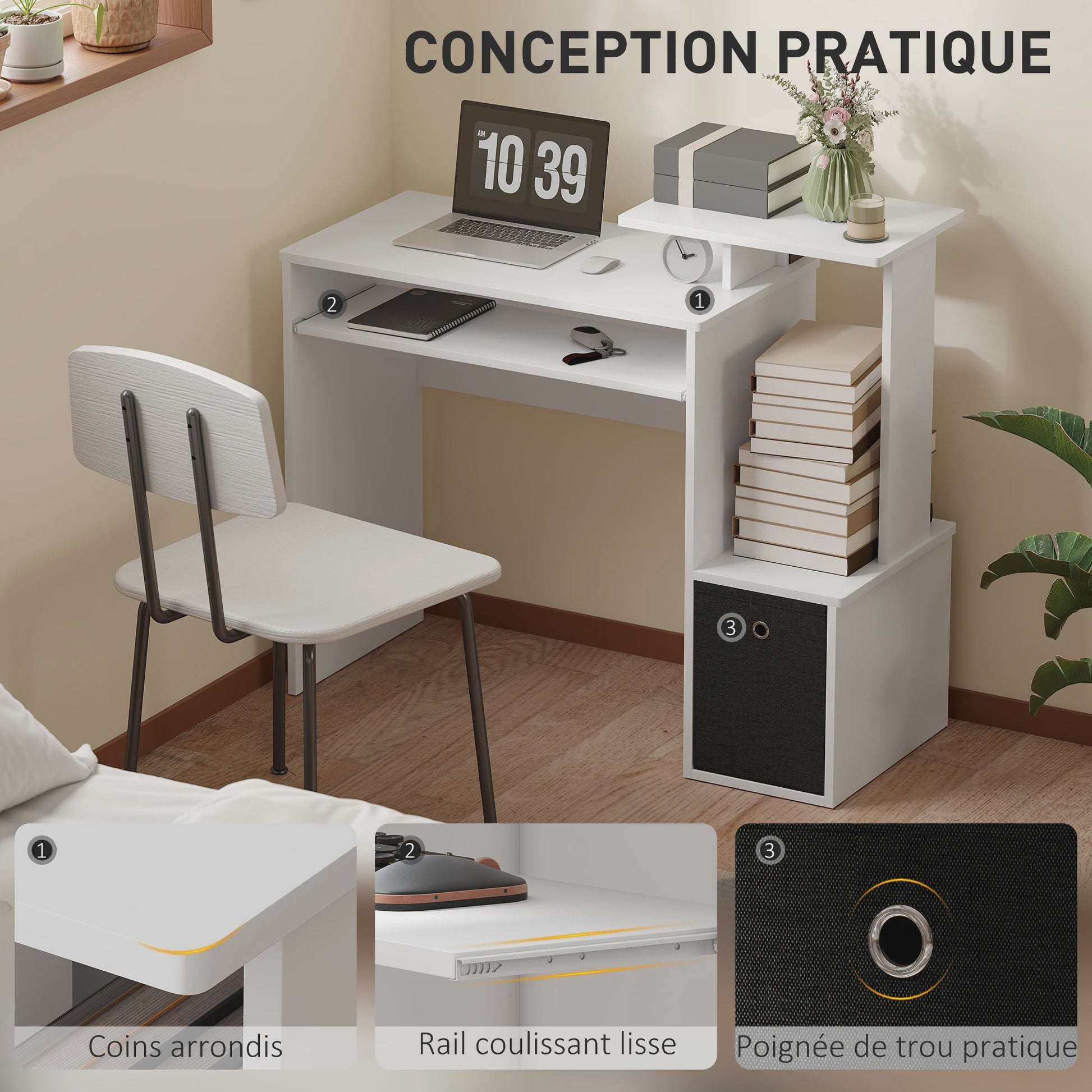 HOMCOM Compact Computerbureau met Uitschuifbaar Toetsenbordvak en Opbergruimte