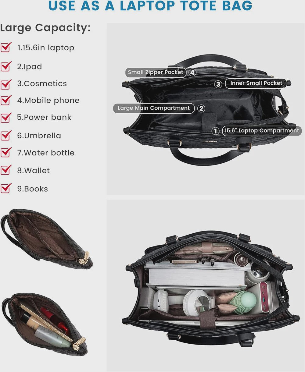 Luxe 2-in-1 Werk & Lunch Tote Bag - Geïsoleerd Compartiment, 15.6" Laptop, Waterafstotend